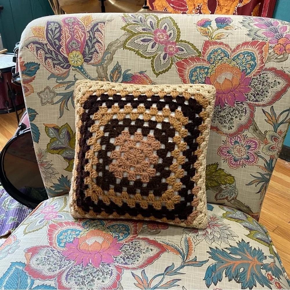 Crochet Granny Square Flower Power Pillow